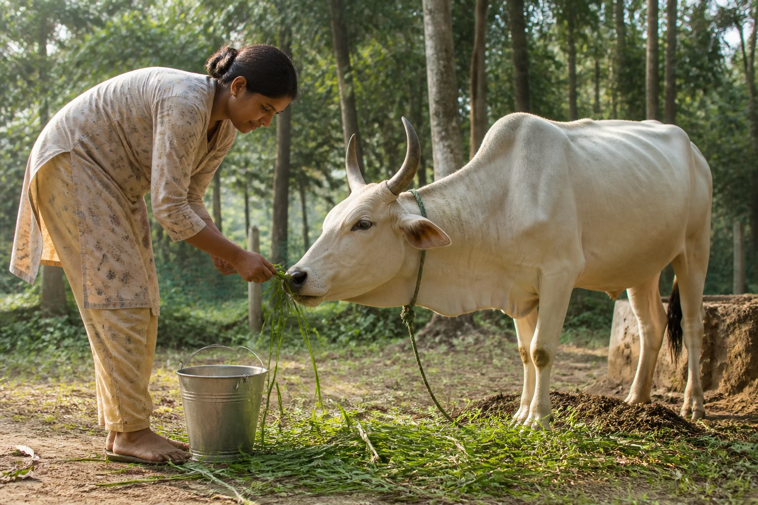 Cow receiving fresh fodder and water