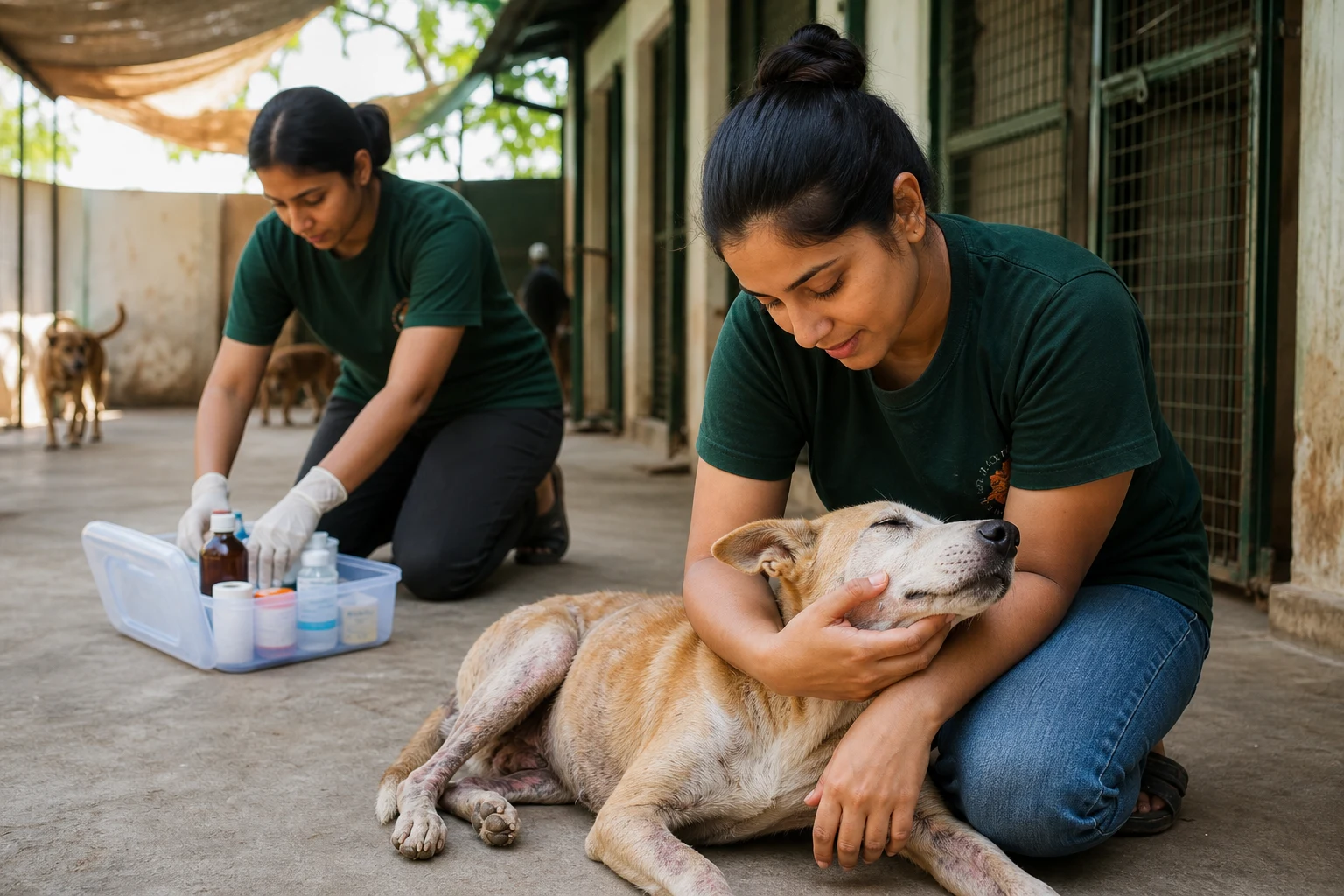 Volunteer comforting a rescued dog